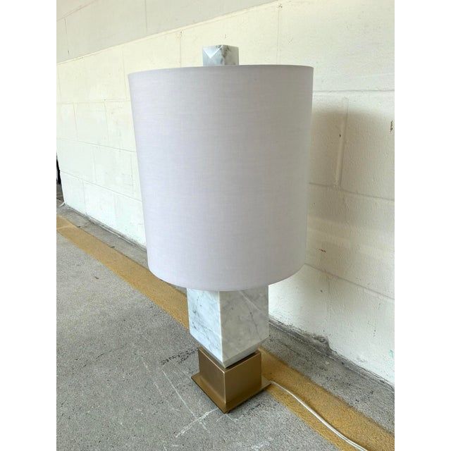 Stylish Touchstone Lamp White Marble & Brass. Rectangular body, with gold accents. Showroom floor sample.