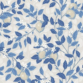 SAMPLE - Boråstapeter Citronträd Wallpaper In Taupe And Blue For Sale