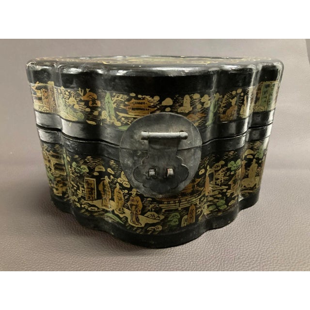 Black Antique Chinese Black Lacquer Gilt Painted Covered Tea Box 1940s For Sale - Image 8 of 11