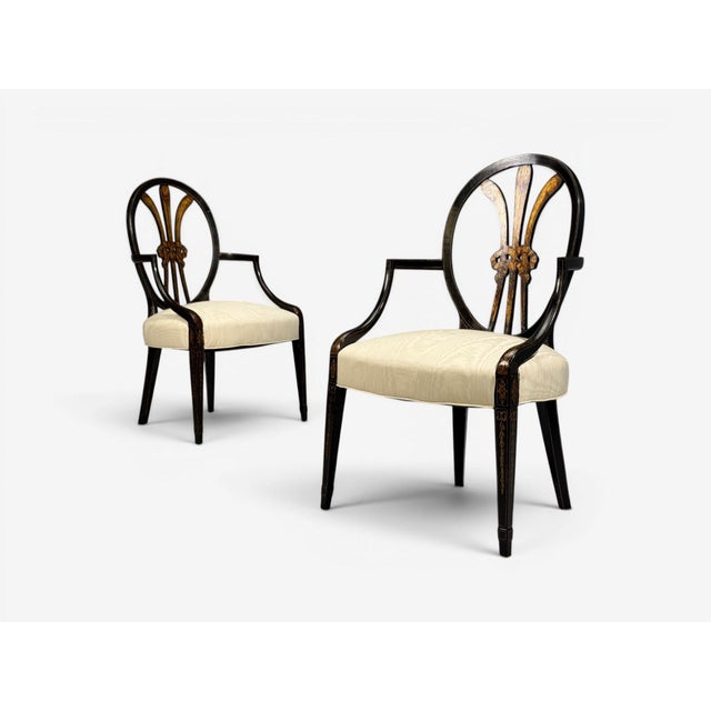 Neoclassical, "Prince of Wales" Armchairs, Ebonized Wood, Gilt, Beige Silk, USA, 19th Century A fully restored pair of the...