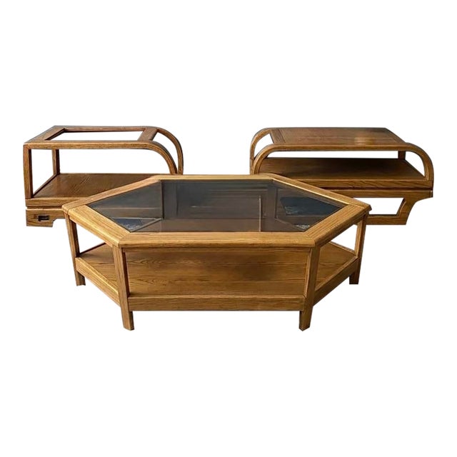 1980s Post Modern Lou Hodges Inspired Oak & Smoked Glass Living Room Set by the Stratford Company For Sale
