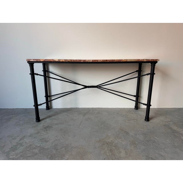 1980’s Vintage Brutalist Metal Console Table With Breccia Pernice Marble Top For Sale - Image 4 of 12