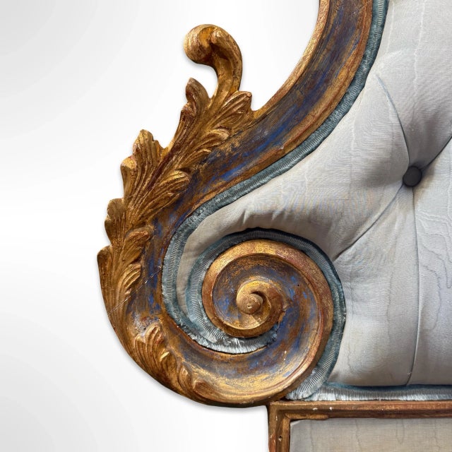 Blue Antique Italian Gilded Twin Headboards With Tufted Upholstery, Pair For Sale - Image 8 of 9