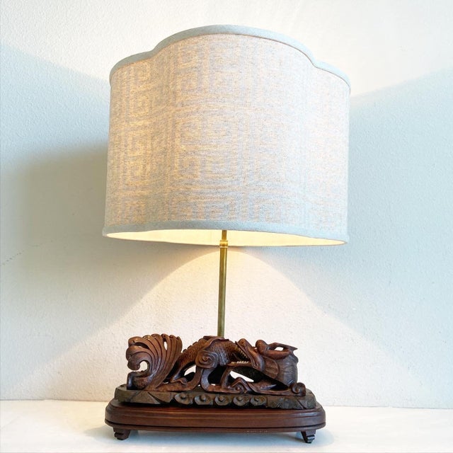 Asian Asian Carved Wood Dragon Roof Tile Lamp & Shade For Sale - Image 3 of 15