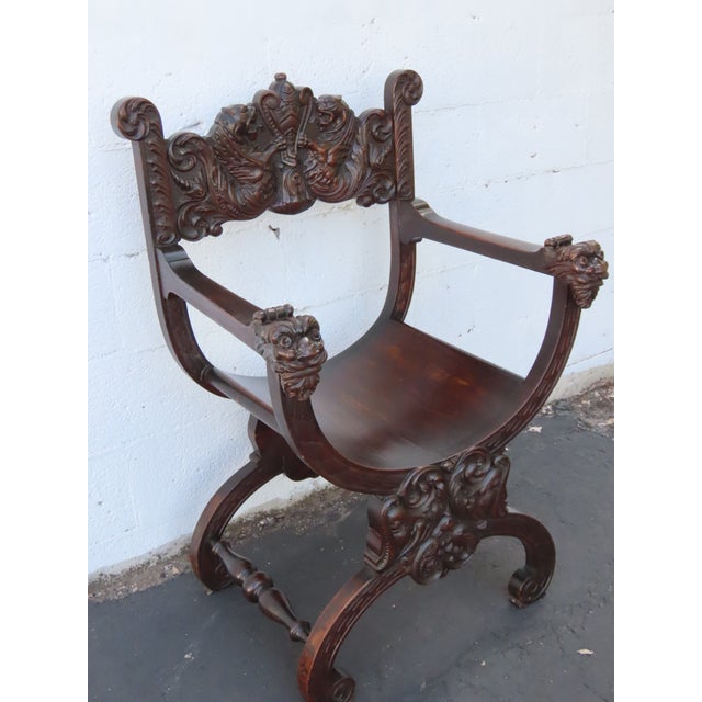 Late 1800s Gothic Heavy Hand Carved Throne His and Hers Curule Chairs 6570d For Sale - Image 4 of 18