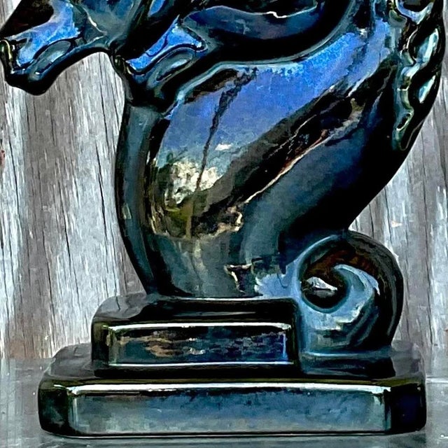 Vintage Blue Glazed Double Horse Head Lamp For Sale - Image 10 of 13