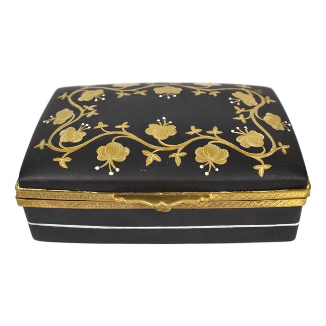 Mid 20th Century Hand Painted Gold and Black Limoges France Hinged Porcelain Box Signed For Sale