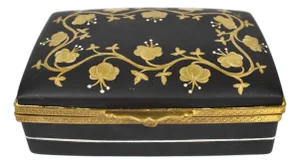 Mid 20th Century Hand Painted Gold and Black Limoges France Hinged Porcelain Box Signed