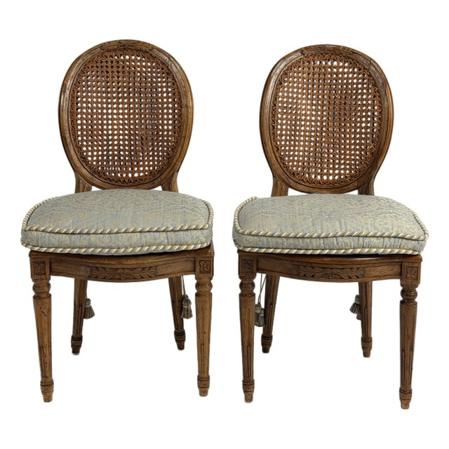 Pair of Vintage Louis XVI Style Italian Cane Back Side Chairs For Sale