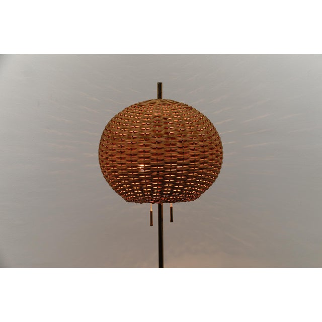Black Mid-Century Modern Tripod Brass and Rattan Floor Lamp, Austria, 1950s For Sale - Image 8 of 16