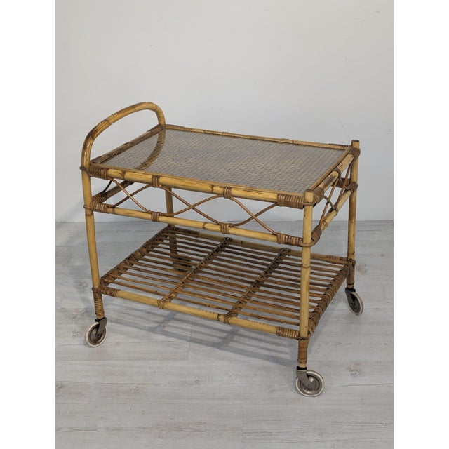 Scandinavian Rattan, Raffia and Glass Serving Cart, 1960s For Sale - Image 4 of 14
