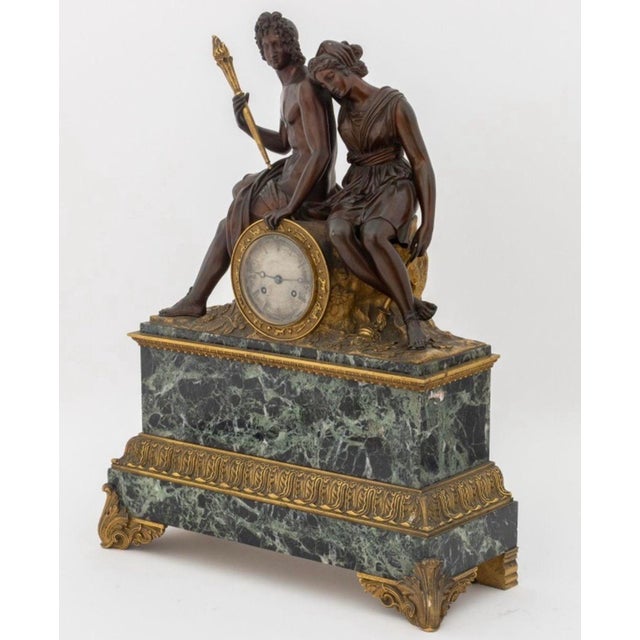 Stone French Empire Patinated & Gilt Bronze Apollo & Diana Figural Mantel Clock, Verde Antico Marble, C. 1830 For Sale - Image 7 of 10