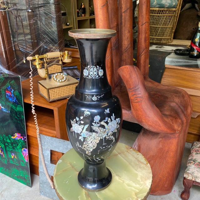 Black 1970s Tall Black Asian Mother of Pearl Peacock Details Vase For Sale - Image 8 of 8