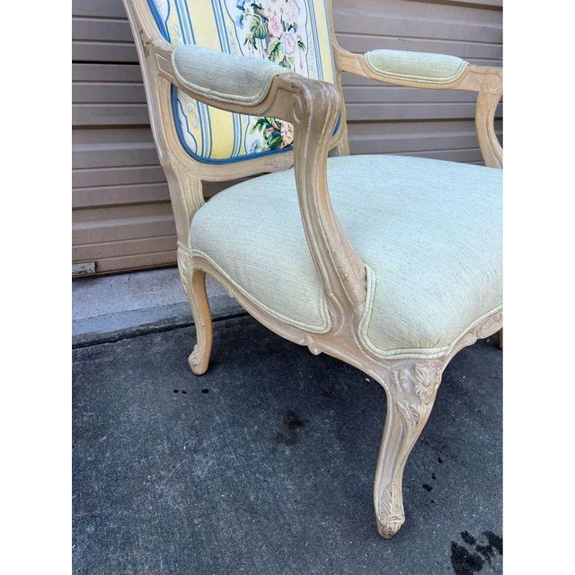 Cream Late 20th Century Pair of Provincial Style Distressed Painted Fruitwood and Upholstered Fauteuil Chairs For Sale - Image 8 of 13