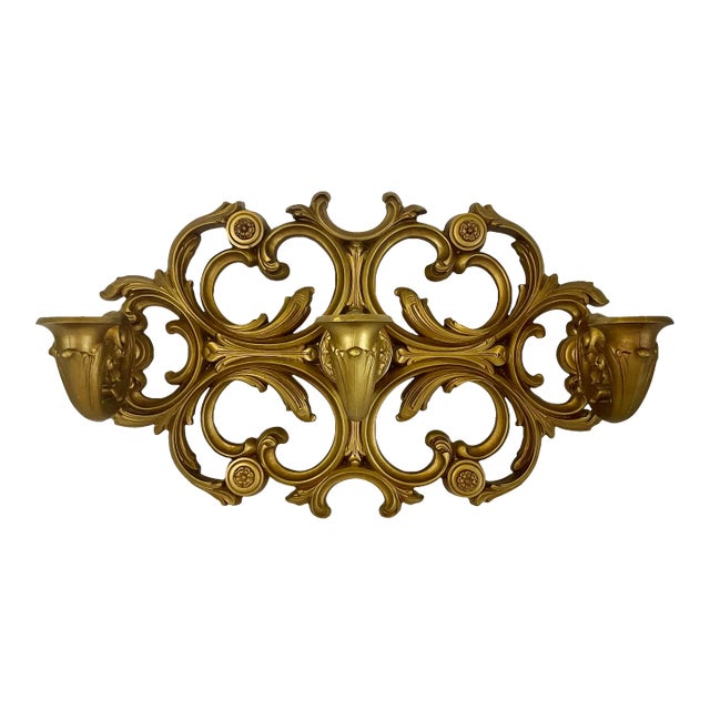1960s Mid-Century Baroque Hollywood Regency Syroco 3-Arm Candle Holder Sconce. For Sale