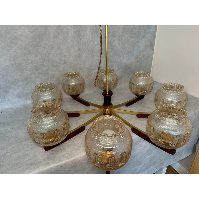 Vintage 8-Arm Chandelier with Textured Glass Shades and Wooden Elements, 1970s For Sale - Image 12 of 12