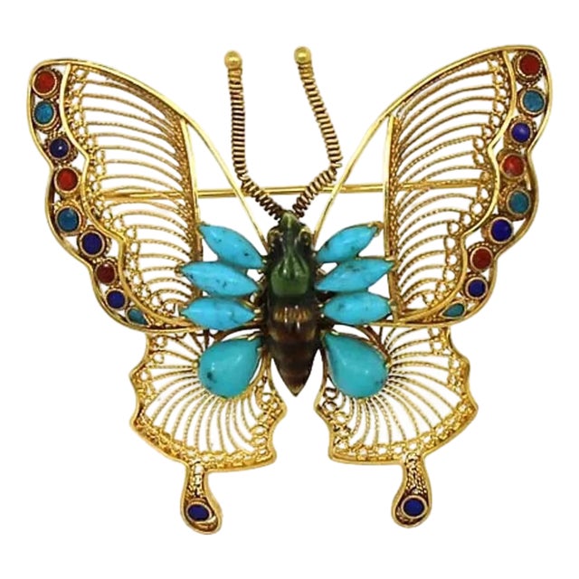Filigree Butterfly Turquoise & Multi-Color 18k Yellow Gold Enamel Pin Brooch For Sale