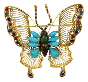 Filigree Butterfly Turquoise & Multi-Color 18k Yellow Gold Enamel Pin Brooch