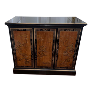 Drexel Heritage Chinoiserie Black Lacquer Bar Cabinet With Drop-Leaf Top