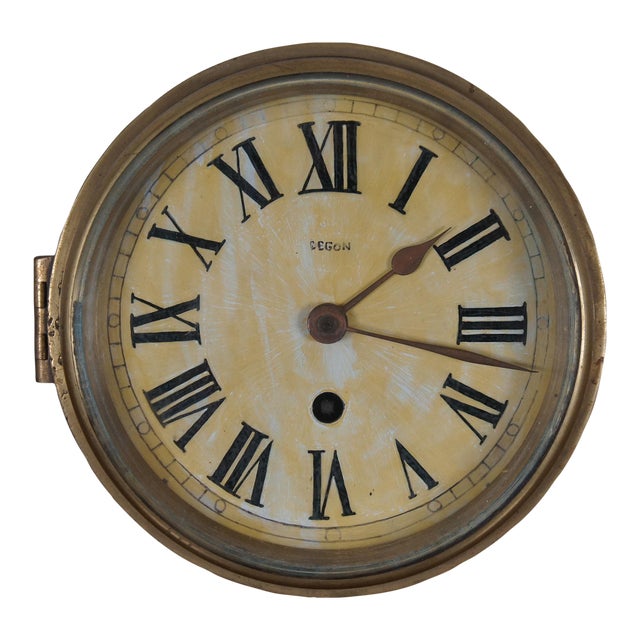 Mid-Century French Degon Rouen Brass Nautical Maritime Ship Bulkhead Clock For Sale