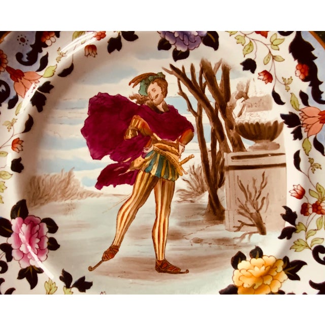 Dark Pink Magnificent & Rare Copeland Spode "December" Cabinet Plate - Dashing Elizabethan Skater, C. 1894 For Sale - Image 8 of 12