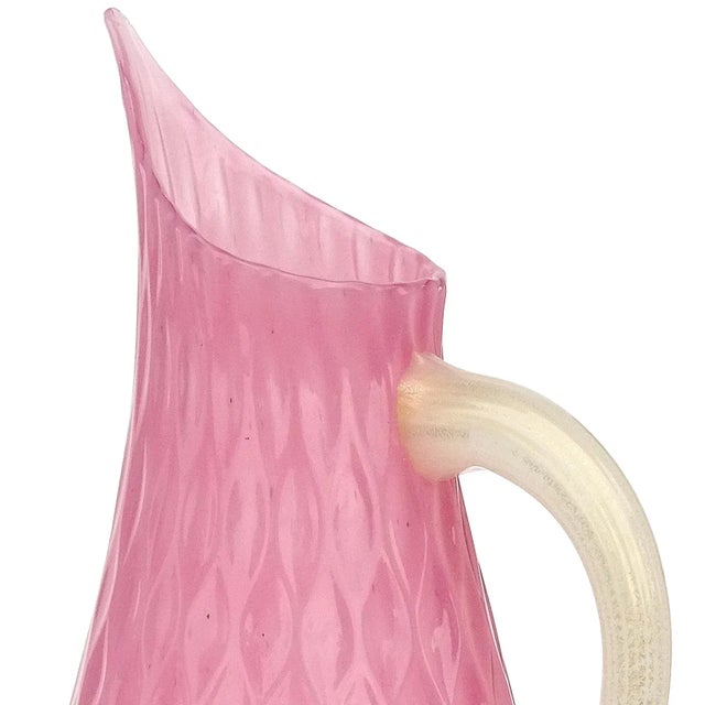 Mid-Century Modern Murano Vintage Pink White Opal Gold Flecks Diamond Quilted Surface Italian Art Glass Pitcher Flower Vase For Sale - Image 3 of 12