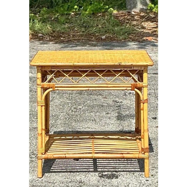 Khaki Vintage Coastal Woven Rattan Side Table For Sale - Image 8 of 12