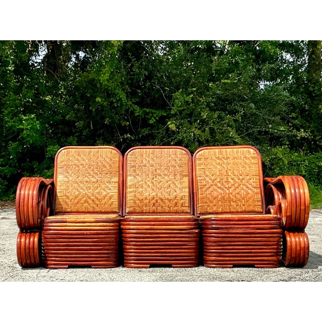 Vintage Coastal Scroll Rattan With Woven Rattan Seats 3 Piece Sofa For Sale - Image 9 of 12