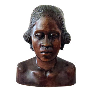 Vintage Hand-Carved Balinese Teak Bust Sculpture Artist Signed by Fatimah Damek For Sale