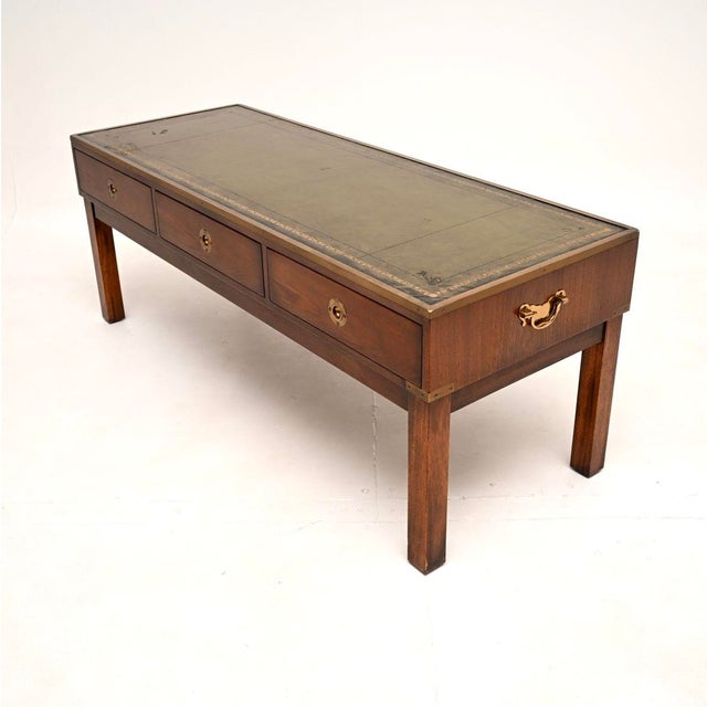 Vintage Military Campaign Style Coffee Table with Leather Top, 1950 For Sale - Image 4 of 11
