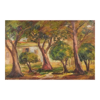 Trees and Building, Early 20th Century, Oil on Board For Sale