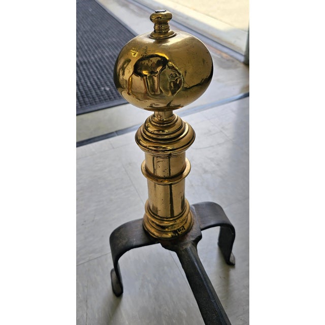 Late 18th Century Pair 18th Century Early American Brass and Iron Canon Ball Andirons For Sale - Image 5 of 8