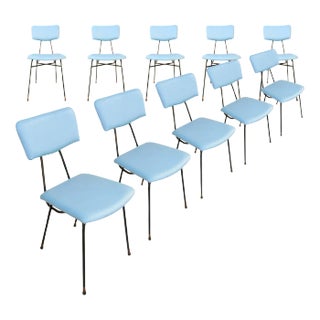 Italian Chairs in Blue Leatherette and Metalic Structure by Luigi Scremin, 1950, Set of 10 For Sale