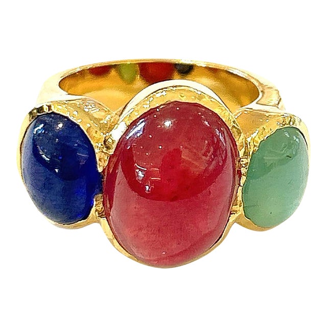 Bochic “Orient” Ruby, Emerald & Sapphire Vintage 3 Gem Ring Set in 18k & Silver Size 4.5 For Sale