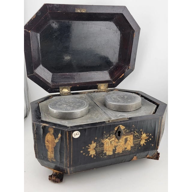 Mid 19th Century Rare Mid 1800's Antique Chinese Gilt Lacquered Tea Caddy W/ Pewter Containers. For Sale - Image 5 of 12