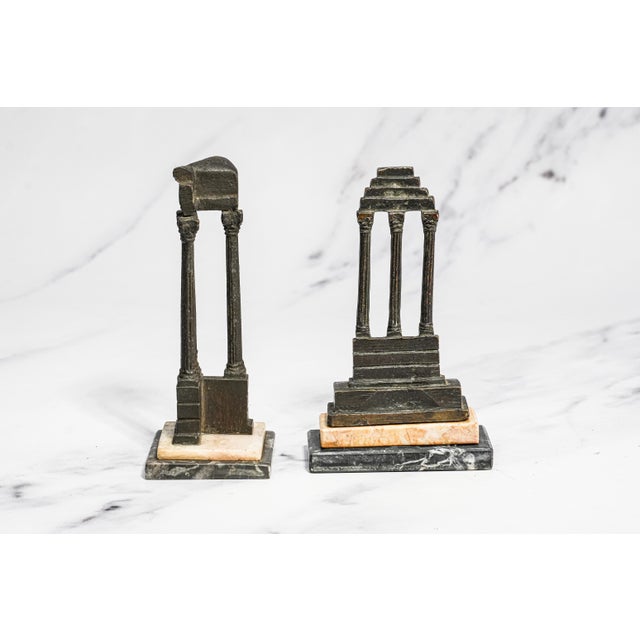 Lovely Pair Antique Small Miniature Bronze Roman Temple Models, Grand Tour Vespasian Castor Pollux Marble Base Neoclassical For Sale - Image 14 of 15