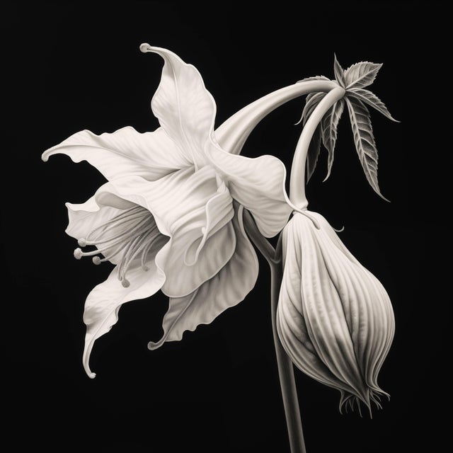 30' X 30' - 'Brugmansia Flower' #1 - Black and White Botanical Photography Print, Unframed For Sale