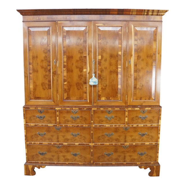 Antique English George II Style Oyster Burl Yew Cabinet on Chest Linen Press 80" For Sale