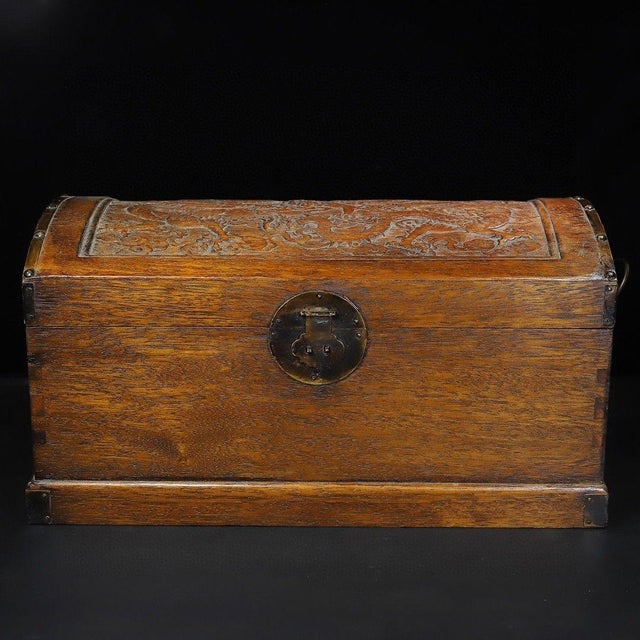 1990s Large Hand-Carved Wooden Treasure Chest With Brass Hardware & Dragon Motif For Sale - Image 5 of 9