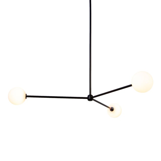 Globe Chandelier 3, Black, 21.25in H, 5 Inch Glass Globes, by Research.Lighting, Modern, Minimal Hanging Light For Sale In New York - Image 6 of 9