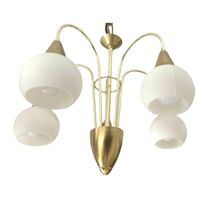 Brass and Opaline Glass 5-Light Chandelier from Honsel Leuchten, Germany, 1970s For Sale - Image 11 of 18
