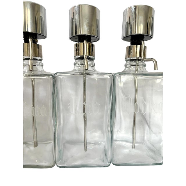 Transparent Vintage Mid-Century Etched Glass & Chrome Liquor Dispenser Bar Bottles — Set of 6 For Sale - Image 8 of 13