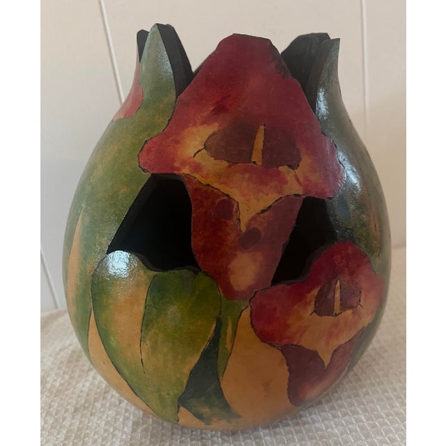 Boho Chic 2010s “Gorgeous “ Artist-Made Hand-Carved & Hand-Painted Calla Lilies Gourd Vessel For Sale - Image 3 of 11