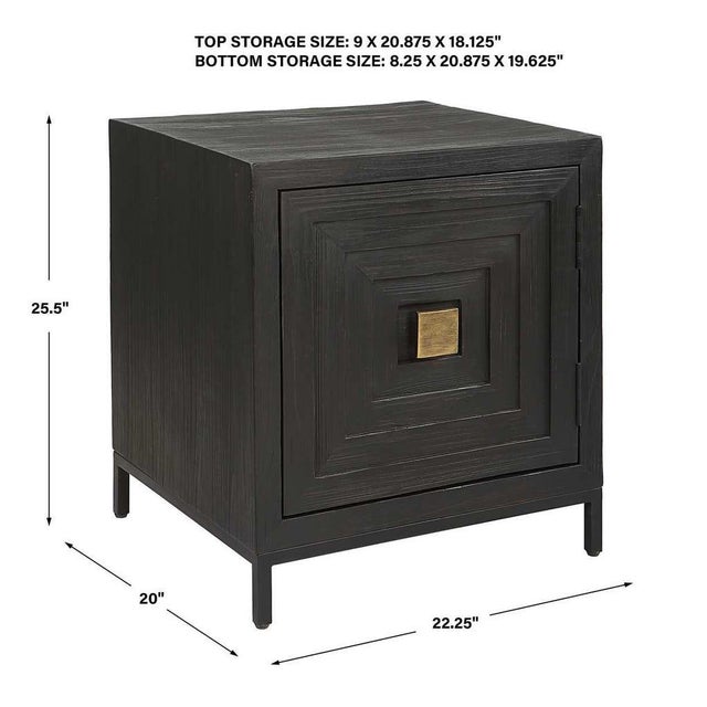 A contemporary geometric accent cabinet, constructed from deeply grained fir wood finished in a dark ebony stain and...