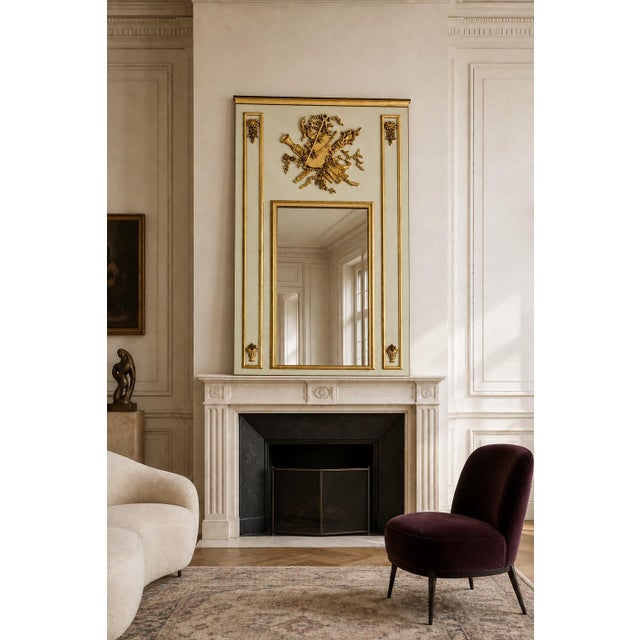 Wood Monumental Newel French Louis XVI Style Painted & Gilt Trumeau Mirror With Musical Trophy Crest For Sale - Image 7 of 9