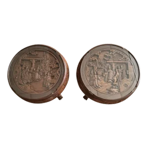 Chinese Chinoiserie Hand-Carved Circular End Tables - A Pair