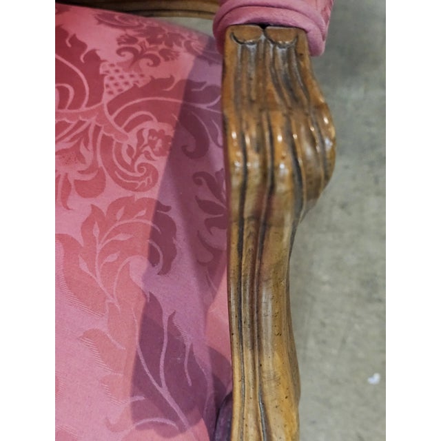 Pair of Late 20th Century Provincial French Country Walnut Carved Arm Chairs Rose Silk Damask Fabric For Sale - Image 12 of 13