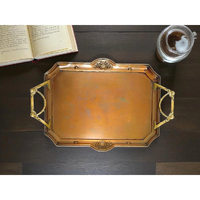 Antique Art Nouveau Embossed Brass Tray with Openwork Handles For Sale - Image 6 of 9