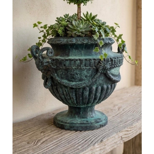 Metal Neoclassical Classical Style Cast Iron Garden Urn With Ram's Head Handles For Sale - Image 7 of 11