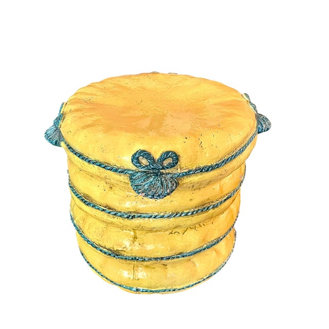 Hollywood Regency Vintage Italian Majolica Trompe L’Oeil Lemon Yellow Garden Seat Stool For Sale - Image 3 of 17